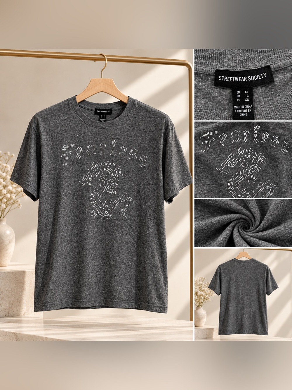 Streetwear Society Women’s 'Fearless' Dark Gray Rhinestone Short Sleeve Tee